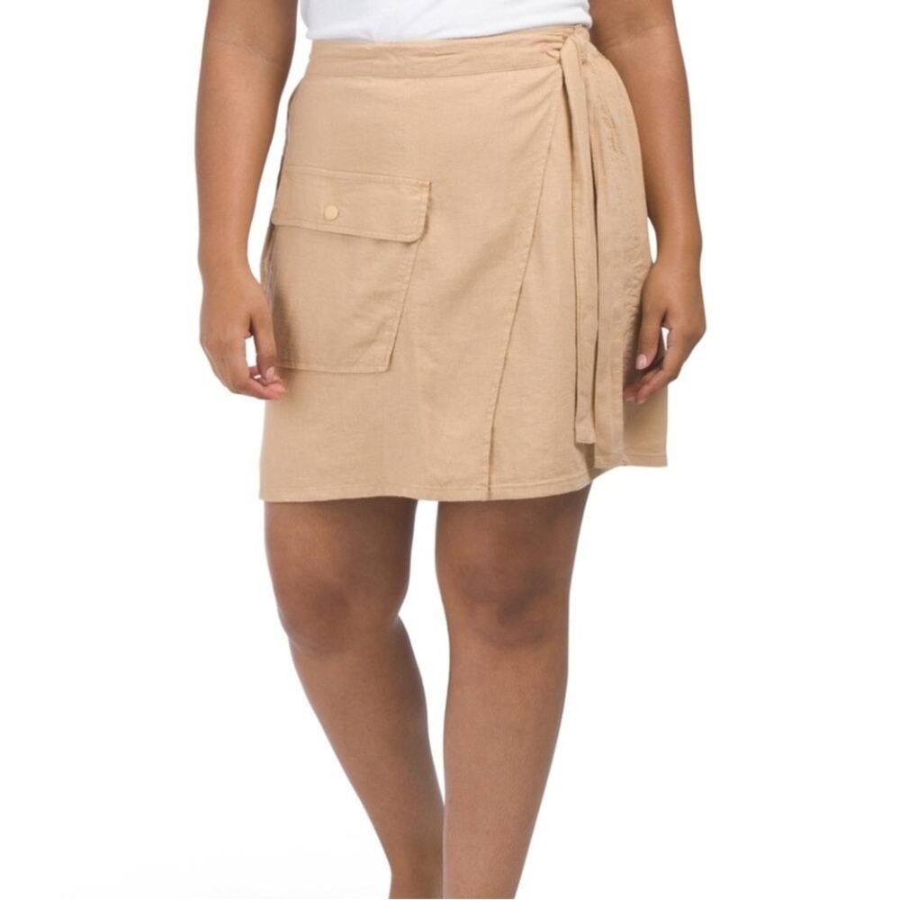 Rachel Roy Linen blend Faux Wrap Skirt Size large Beige Tan with Pocket beach